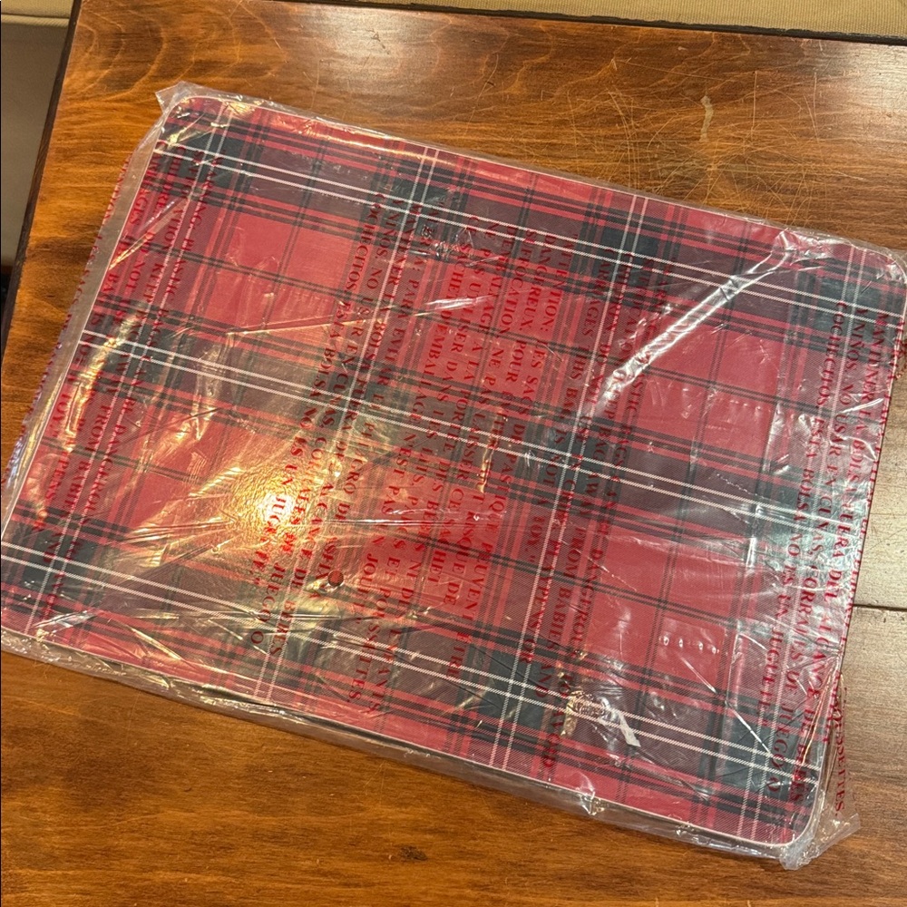 NIP RARE Williams Sonoma Tartan Hard Mat Placemat Cork Back Single Holiday Xmas
